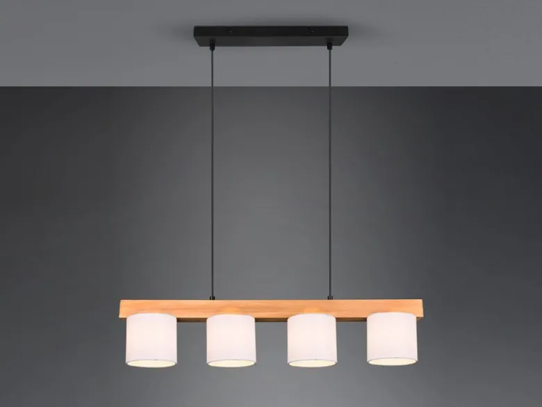 LED Holzbalken Pendelleuchte 4-flammig, Stoff Lampenschirme Weiß, B: 75cm