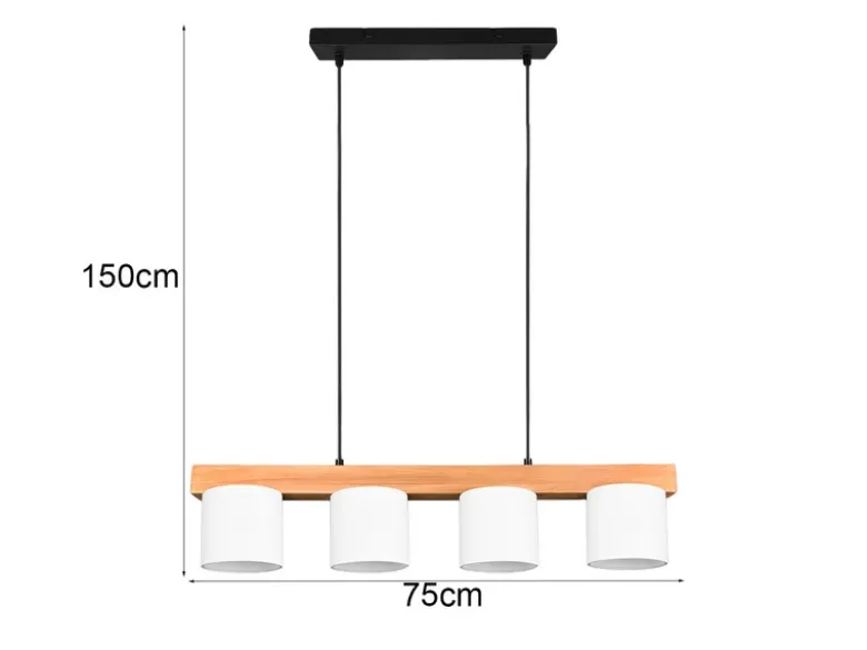 LED Holzbalken Pendelleuchte 4-flammig, Stoff Lampenschirme Weiß, B: 75cm