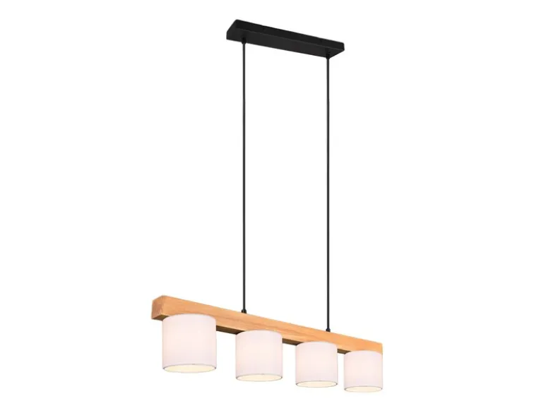 LED Holzbalken Pendelleuchte 4-flammig, Stoff Lampenschirme Weiß, B: 75cm