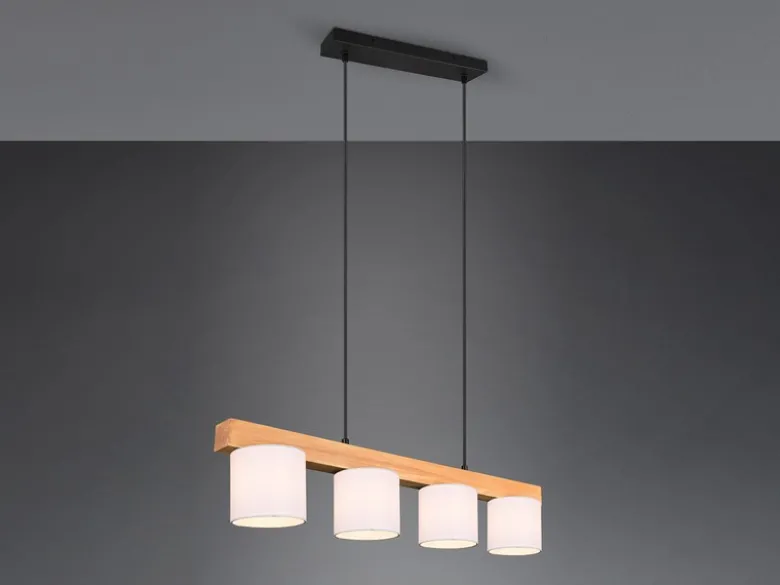 LED Holzbalken Pendelleuchte 4-flammig, Stoff Lampenschirme Weiß, B: 75cm