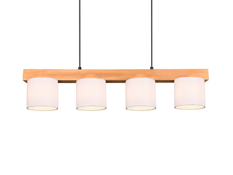 LED Holzbalken Pendelleuchte 4-flammig, Stoff Lampenschirme Weiß, B: 75cm
