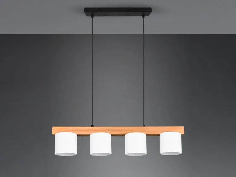 LED Holzbalken Pendelleuchte 4-flammig, Stoff Lampenschirme Weiß, B: 75cm