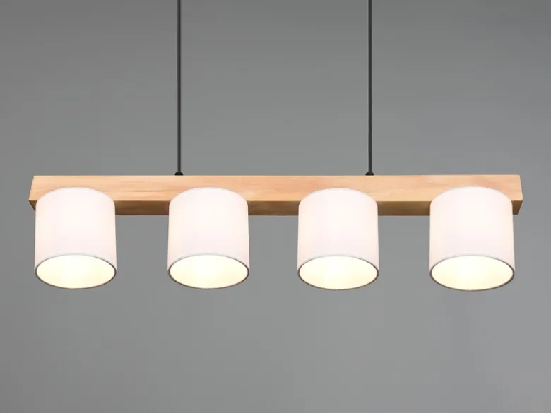 LED Holzbalken Pendelleuchte 4-flammig, Stoff Lampenschirme Weiß, B: 75cm