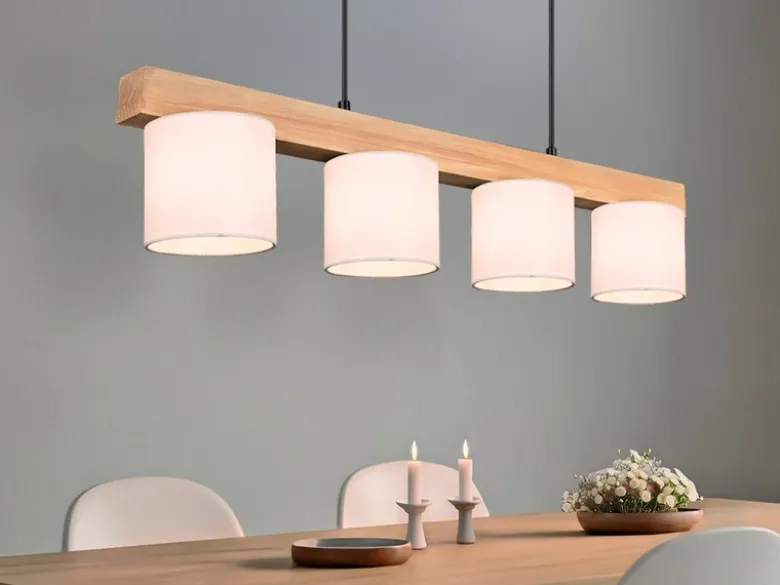 LED Holzbalken Pendelleuchte 4-flammig, Stoff Lampenschirme Weiß, B: 75cm