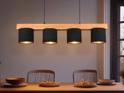 LED Holzbalken Pendelleuchte 4-flammig Stoffschirme Schwarz Gold, B: 75cm