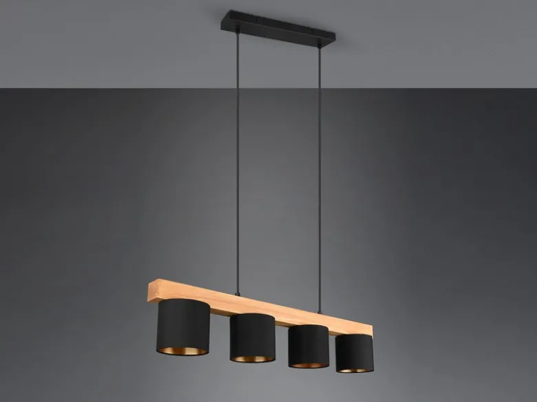LED Holzbalken Pendelleuchte 4-flammig Stoffschirme Schwarz Gold, B: 75cm