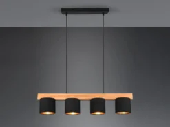 LED Holzbalken Pendelleuchte 4-flammig Stoffschirme Schwarz Gold, B: 75cm
