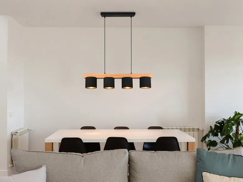 LED Holzbalken Pendelleuchte 4-flammig Stoffschirme Schwarz Gold, B: 75cm