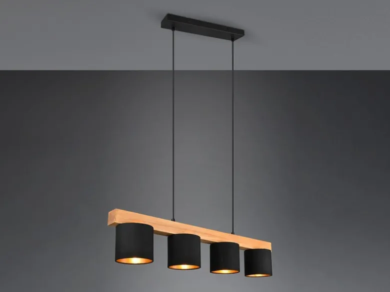 LED Holzbalken Pendelleuchte 4-flammig Stoffschirme Schwarz Gold, B: 75cm