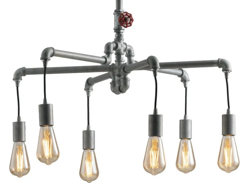 LED Kronleuchter 6-flammig Grau Antik, Wasserrohr Industrial, Ø 72cm