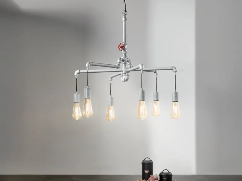 LED Kronleuchter 6-flammig Grau Antik, Wasserrohr Industrial, Ø 72cm