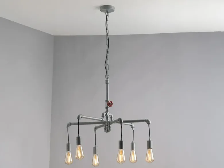 LED Kronleuchter 6-flammig Grau Antik, Wasserrohr Industrial, Ø 72cm