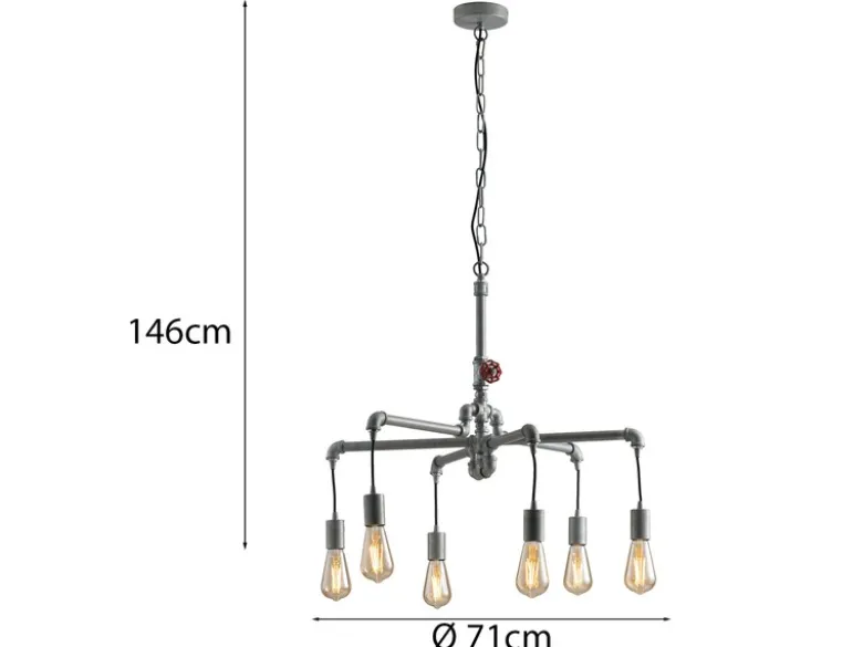LED Kronleuchter 6-flammig Grau Antik, Wasserrohr Industrial, Ø 72cm