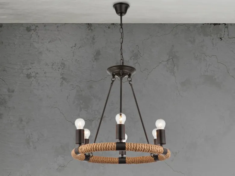 LED Kronleuchter 6-flammig mit Hanfseil Ring Ø50cm