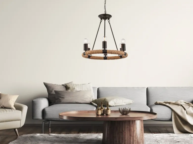LED Kronleuchter 6-flammig mit Hanfseil Ring Ø50cm