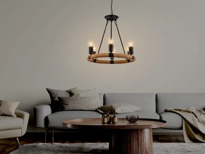 LED Kronleuchter 6-flammig mit Hanfseil Ring Ø50cm