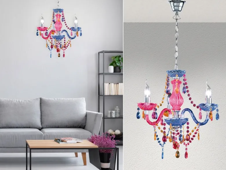 LED Kronleuchter 3-flammig Silber Chrom mit Acryl Kristall bunt Ø 46cm