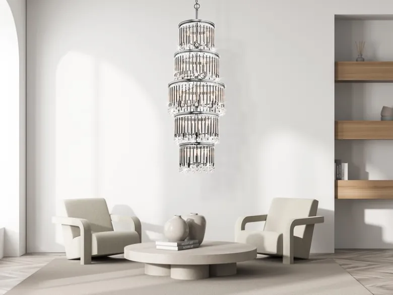 LED Kronleuchter mehrflammig mit filigranem Kristall Glas, Chrom, bis 3,75m lang