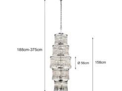 LED Kronleuchter mehrflammig mit filigranem Kristall Glas, Chrom, bis 3,75m lang