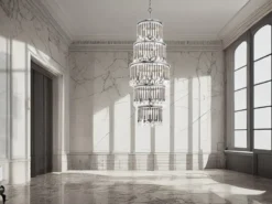 LED Kronleuchter mehrflammig mit filigranem Kristall Glas, Chrom, bis 3,75m lang