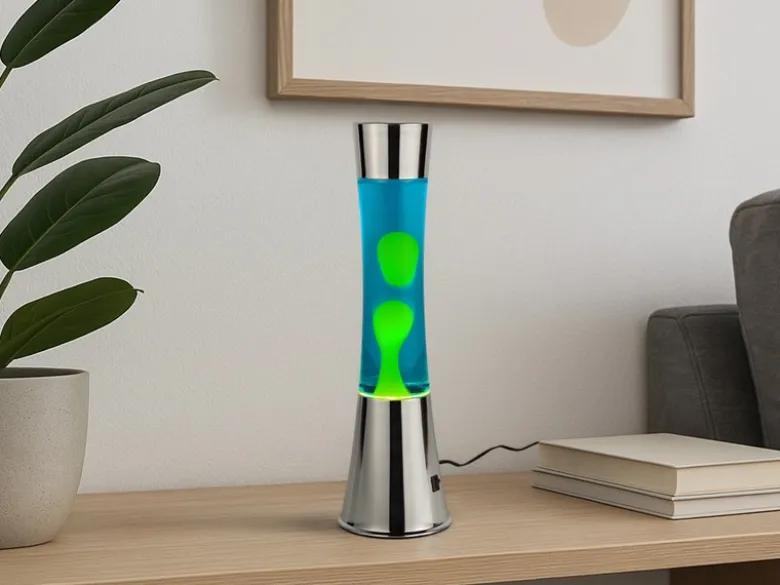 LED Lavalampe ETNA im 90er Jahre Design, Silber mit grüner Lava, Höhe 39,5cm