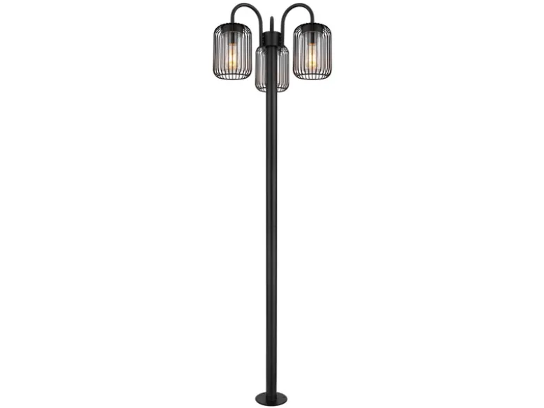 LED Mastleuchte 3-flammig aus Edelstahl Gitterschirme Schwarz, Höhe 180cm