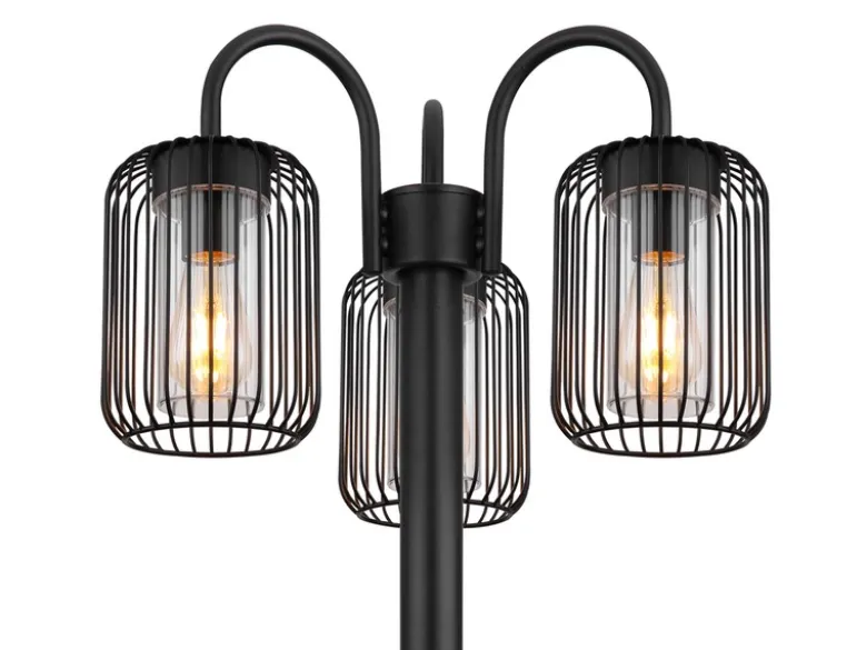LED Mastleuchte 3-flammig aus Edelstahl Gitterschirme Schwarz, Höhe 180cm