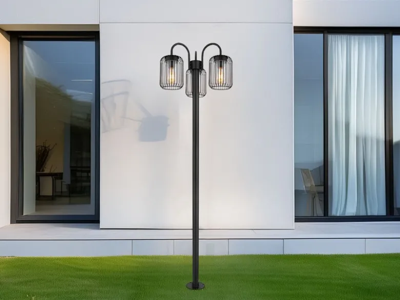 LED Mastleuchte 3-flammig aus Edelstahl Gitterschirme Schwarz, Höhe 180cm