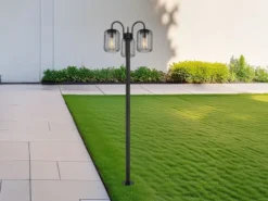 LED Mastleuchte 3-flammig aus Edelstahl Gitterschirme Schwarz, Höhe 180cm
