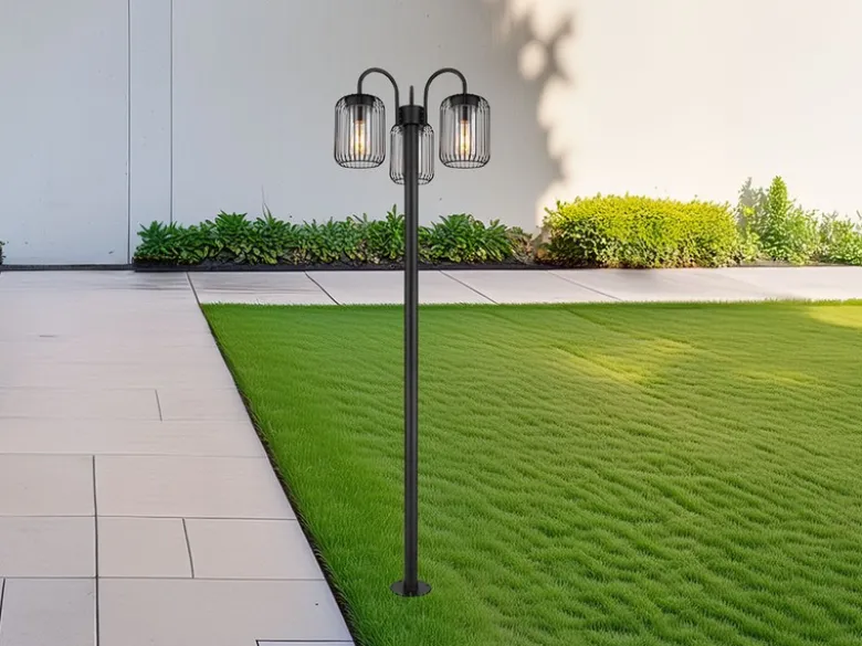 LED Mastleuchte 3-flammig aus Edelstahl Gitterschirme Schwarz, Höhe 180cm