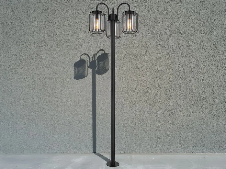 LED Mastleuchte 3-flammig aus Edelstahl Gitterschirme Schwarz, Höhe 180cm