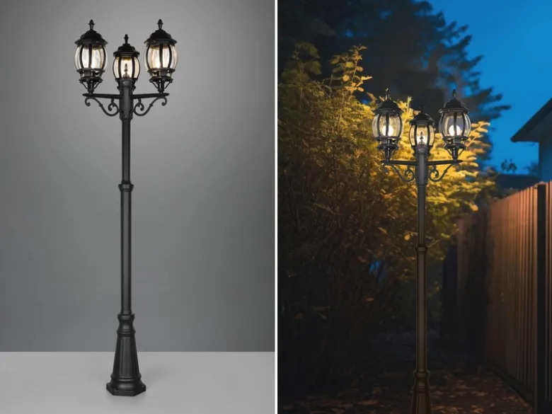 LED Mastleuchte 3-flammige Laterne Aluminium Schwarz, Höhe 240cm