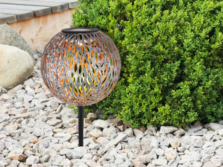 LED Metall Solarkugel Ø 18cm mit Erdspieß, Silber Antik