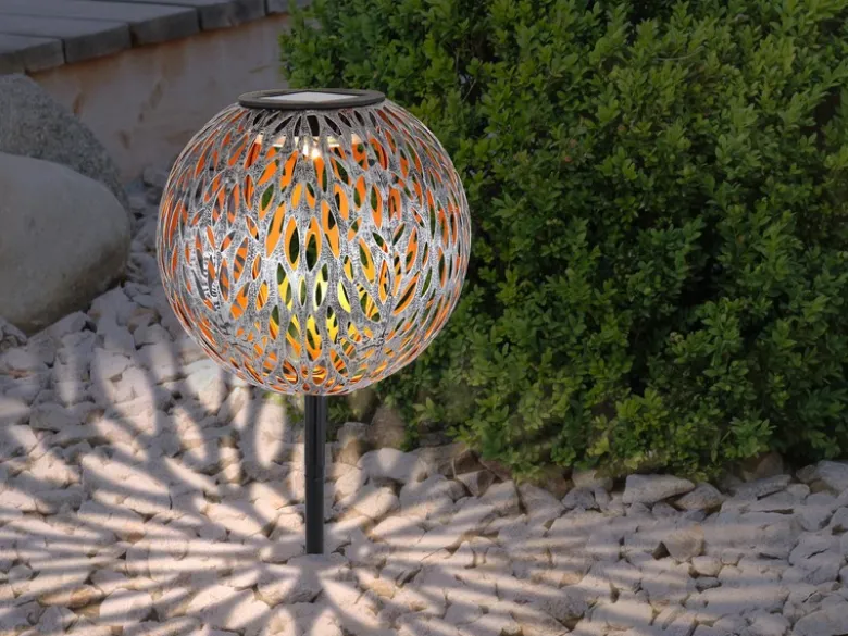 LED Metall Solarkugel Ø 18cm mit Erdspieß, Silber Antik
