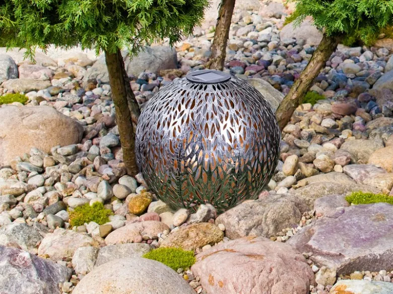LED Metall Solarkugel Ø 27cm mit Erdspieß, Silber Antik