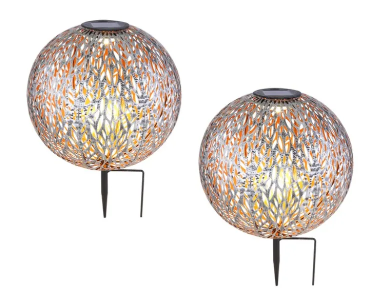 LED Metall Solarkugeln 2er Set Ø 27cm mit Erdspieß, Silber Antik