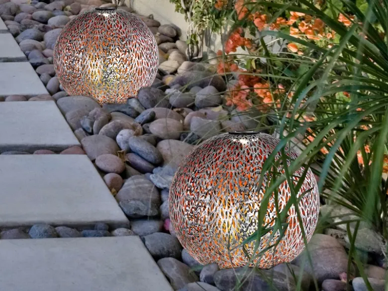 LED Metall Solarkugeln 2er Set Ø 27cm mit Erdspieß, Silber Antik