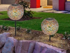 LED Metall Solarkugeln 2er Set Ø 18cm mit Erdspieß, Silber Antik