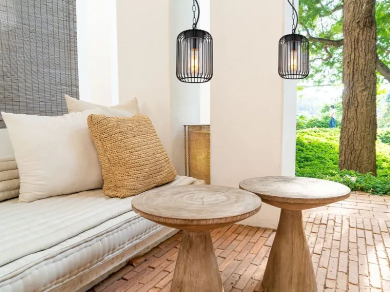 LED Outdoor Hängeleuchte mit Gitterschirm aus schwarzem Edelstahl, Höhe 75,5cm