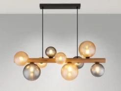LED Pendelleuchte aus Holz 9-flammig Glaskugeln Rauchglas & Bernstein, B: 78cm
