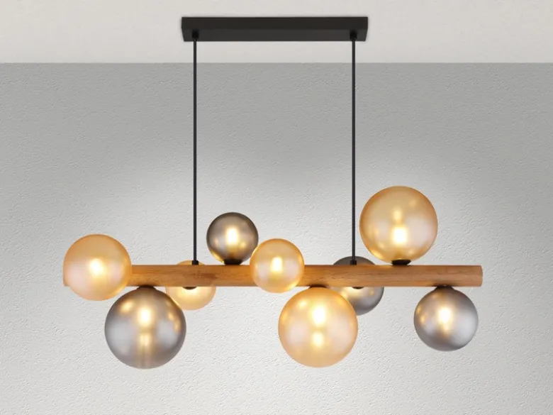 LED Pendelleuchte aus Holz 9-flammig Glaskugeln Rauchglas & Bernstein, B: 78cm