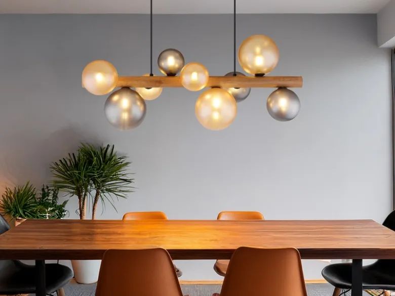 LED Pendelleuchte aus Holz 9-flammig Glaskugeln Rauchglas & Bernstein, B: 78cm