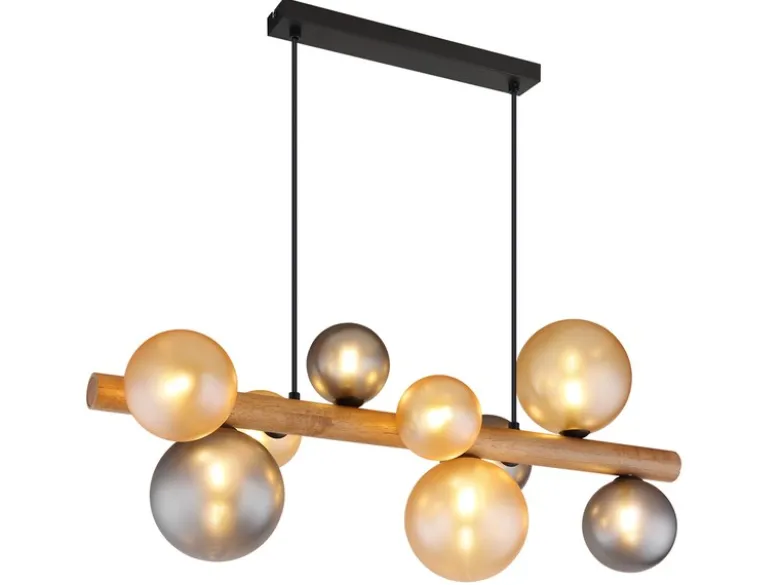 LED Pendelleuchte aus Holz 9-flammig Glaskugeln Rauchglas & Bernstein, B: 78cm