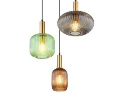 LED Pendelleuchte aus Rillenglas bunt mit 3 Glasschirmen, Ø 55cm
