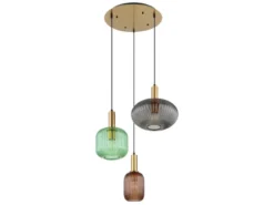 LED Pendelleuchte aus Rillenglas bunt mit 3 Glasschirmen, Ø 55cm