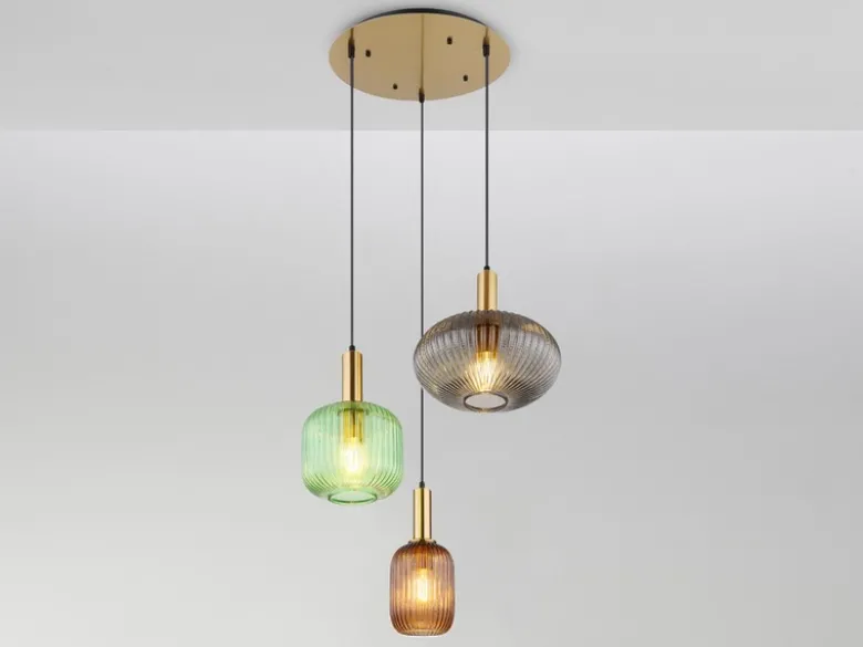 LED Pendelleuchte aus Rillenglas bunt mit 3 Glasschirmen, Ø 55cm