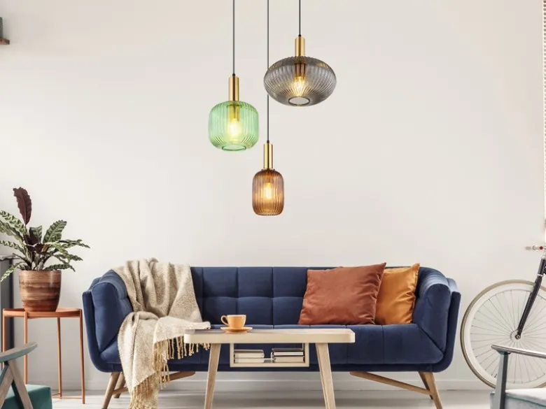LED Pendelleuchte aus Rillenglas bunt mit 3 Glasschirmen, Ø 55cm