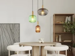 LED Pendelleuchte aus Rillenglas bunt mit 3 Glasschirmen, Ø 55cm