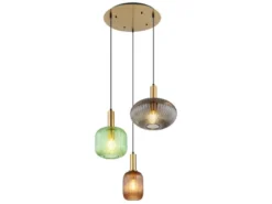 LED Pendelleuchte aus Rillenglas bunt mit 3 Glasschirmen, Ø 55cm