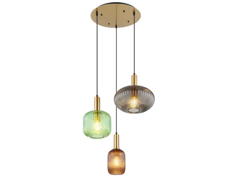 LED Pendelleuchte aus Rillenglas bunt mit 3 Glasschirmen, Ø 55cm